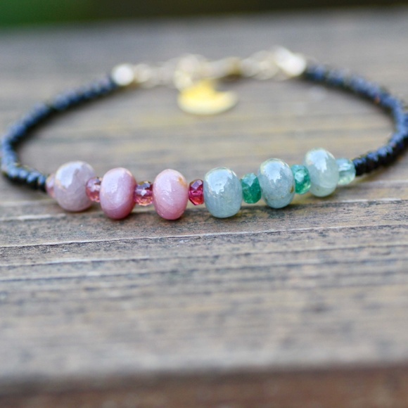 Sparkling Natural Black Spinel , Emerald and Sapphire Bracelet 14K Gold Filled - Picture 3 of 10